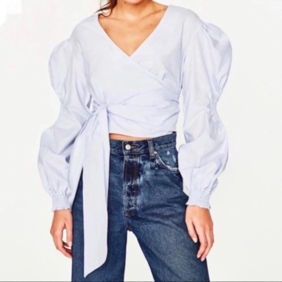 Zara Trafaluc  Collection Sky Blue Wrap Top With Balloon Sleeves - Size XS - Picture 1 of 13